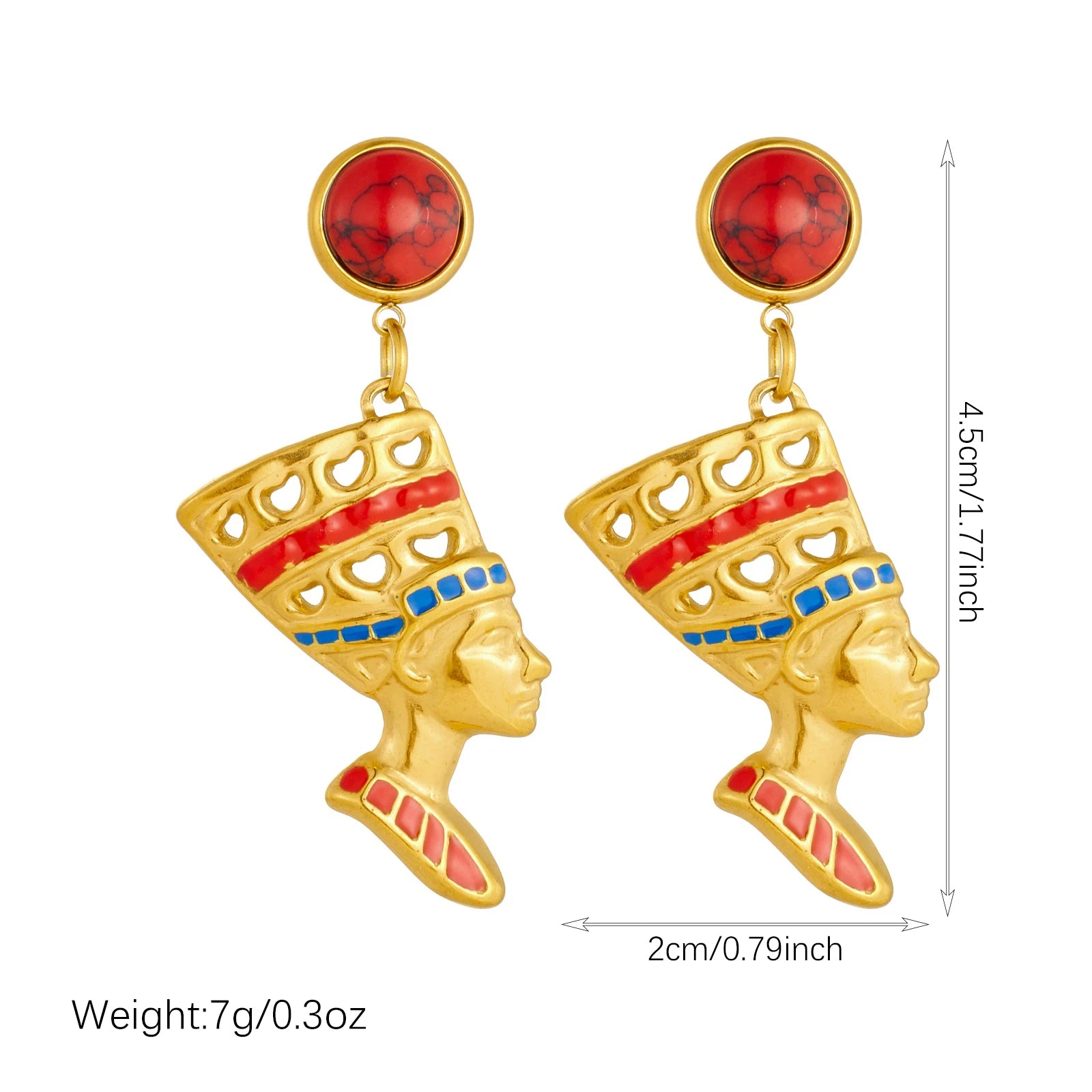 Pair of gold-tone dangle earrings with red cabochon, blue enamel crown, queen profile