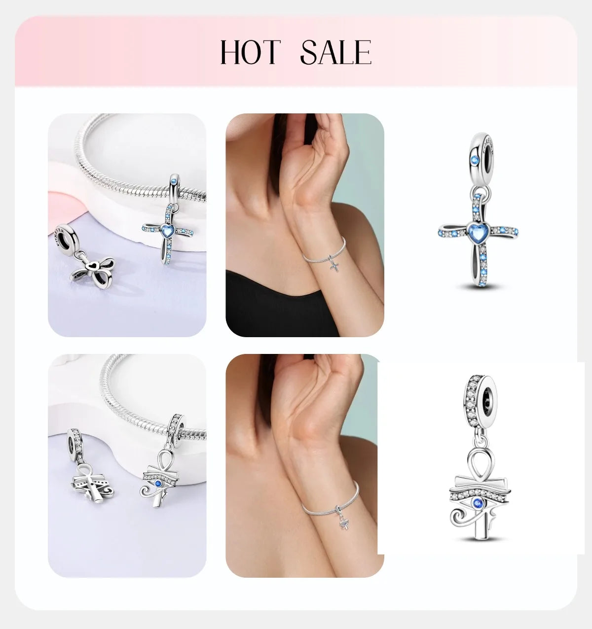 925 sterling silver charm beads with blue enamel cross and eye shapes on bracelet