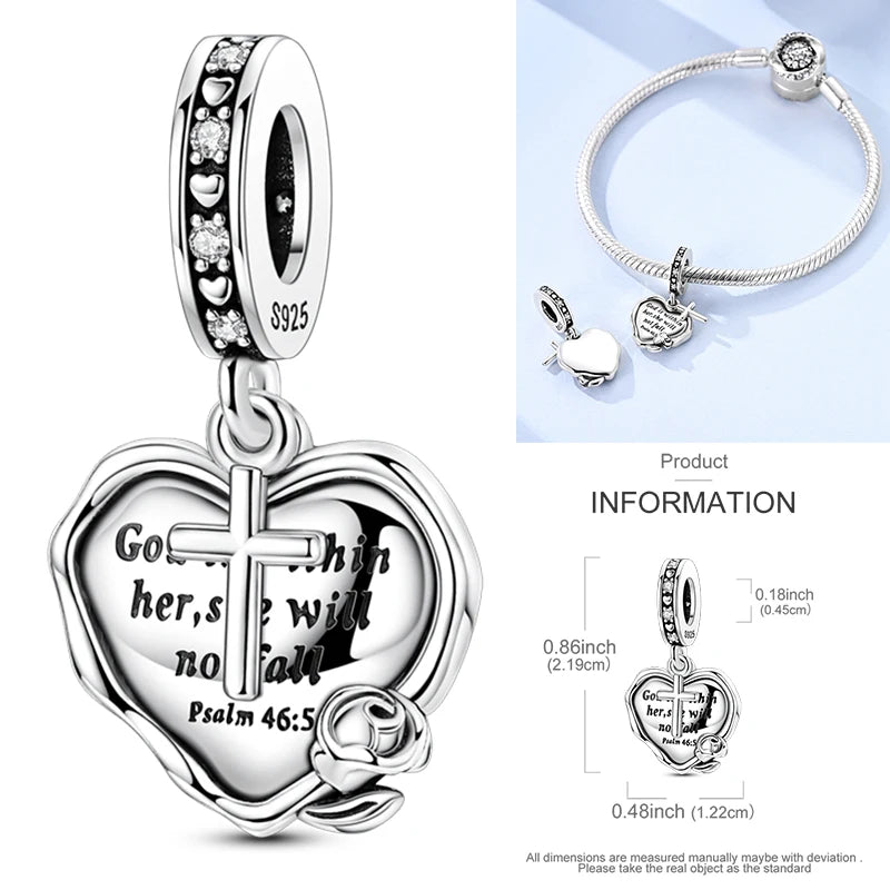 925 sterling silver cross heart charm with black enamel and clear stones