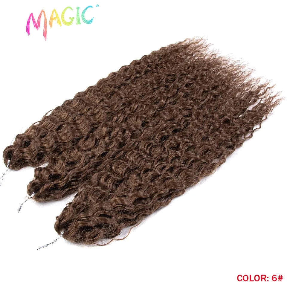 Synthetic water-wave crochet braids in medium brown, curly crochet waves