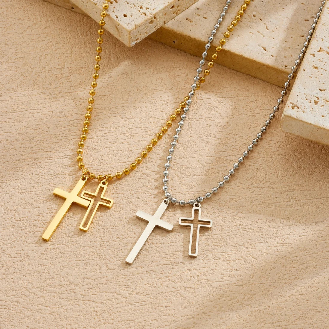 Gold and silver cross pendant necklaces with double cross charms