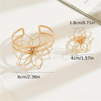 Gold hollow flower bracelet and ring set, size labels 6cm, 4cm, 1.8cm