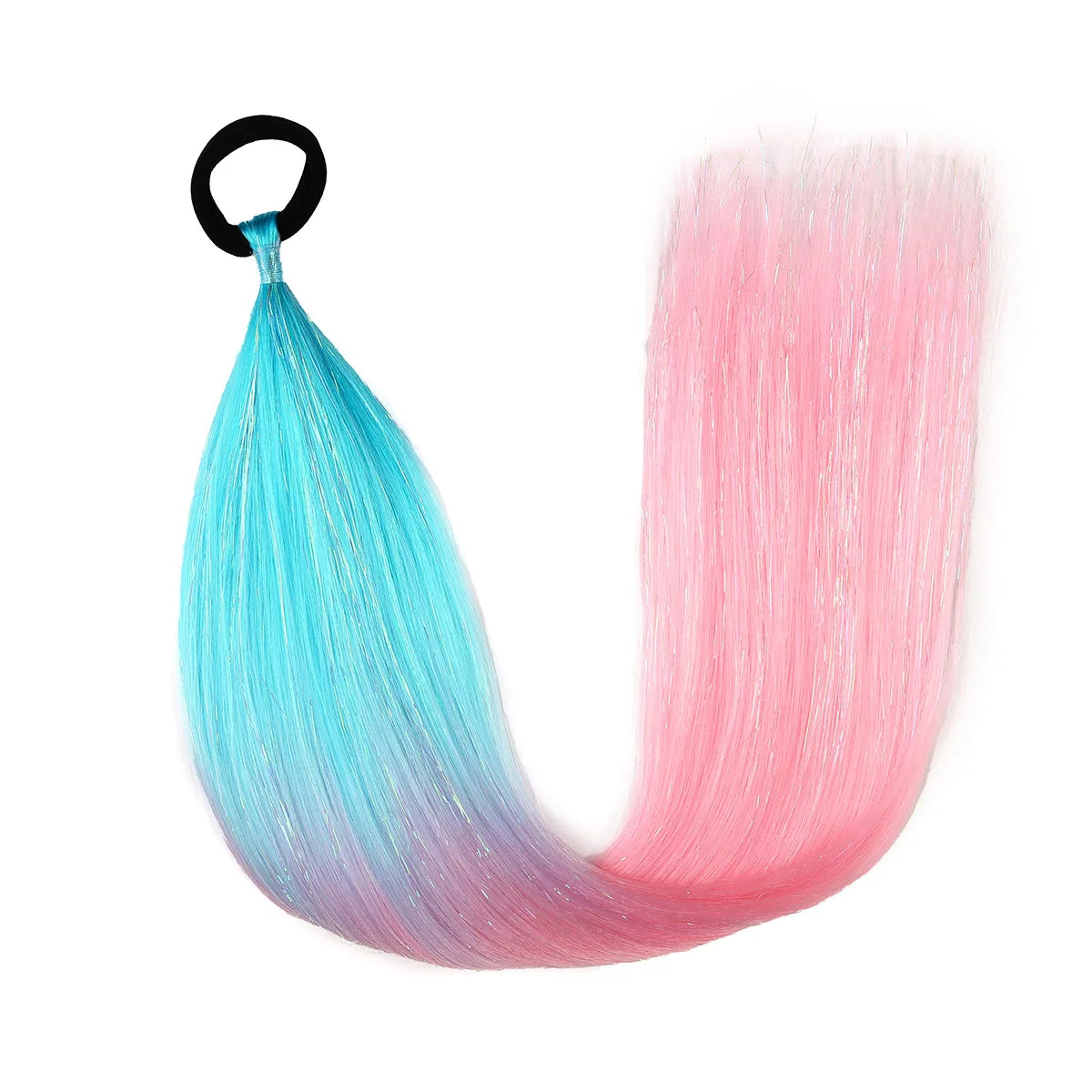 Synthetic ombre braid ponytail hair tinsel with teal, pink, and lilac ombre strands