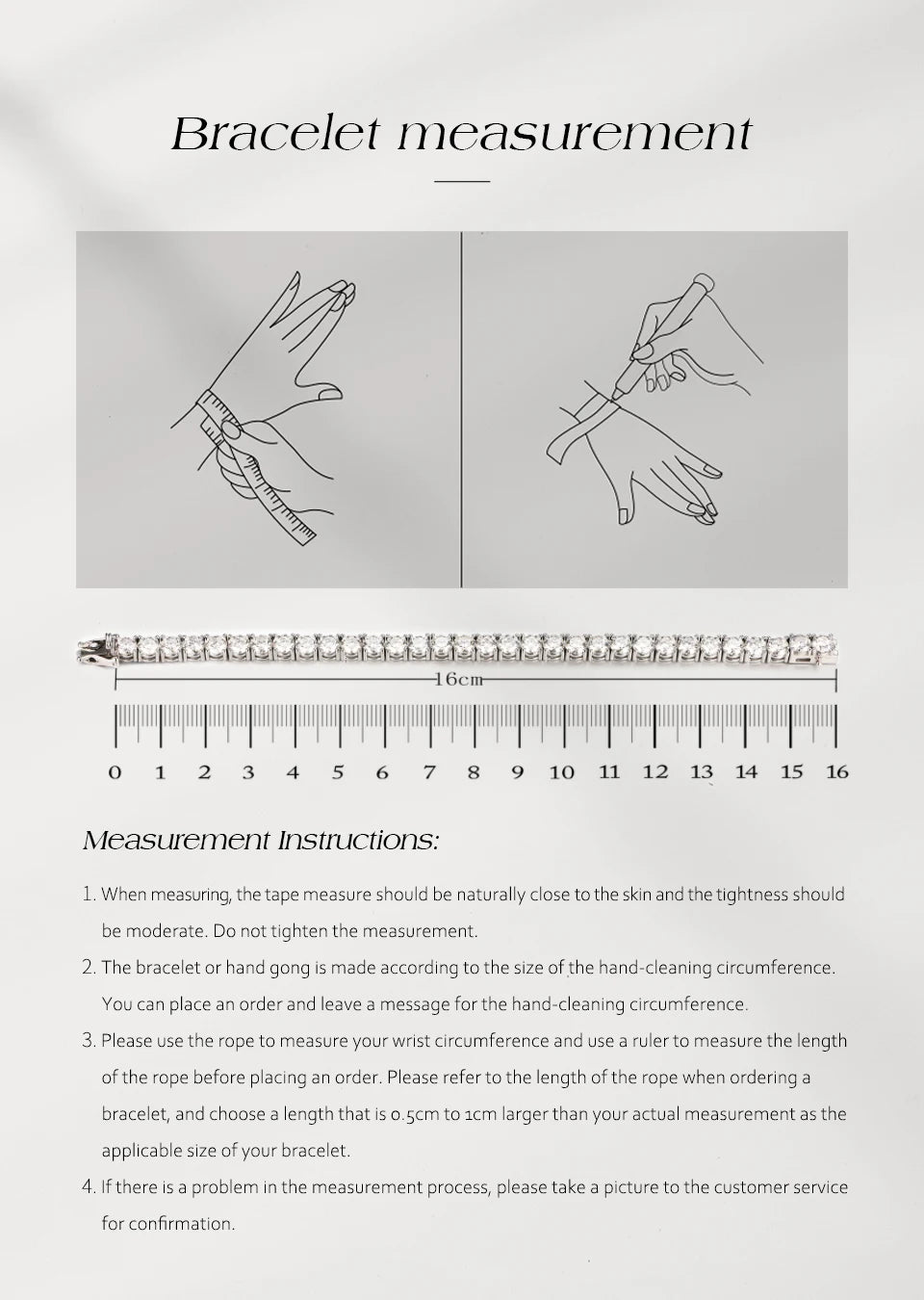 Bracelet measurement guide with ruler scale and hand sizing illustrations