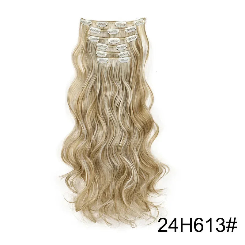 Full head clip-in hair extensions, long wavy light blonde hair with comb clips, 24H613#