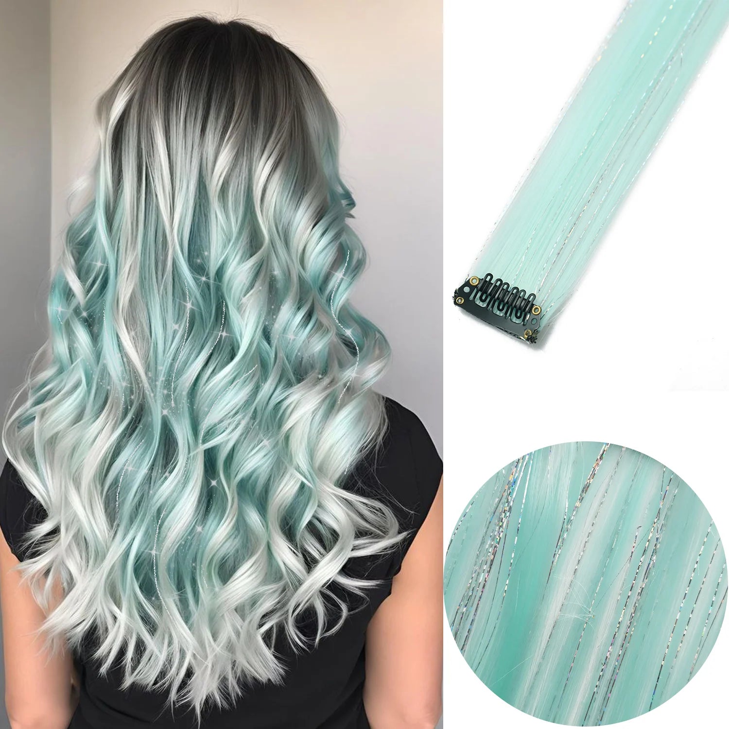 Aqua mint clip-in hair highlight set with six long straight strands