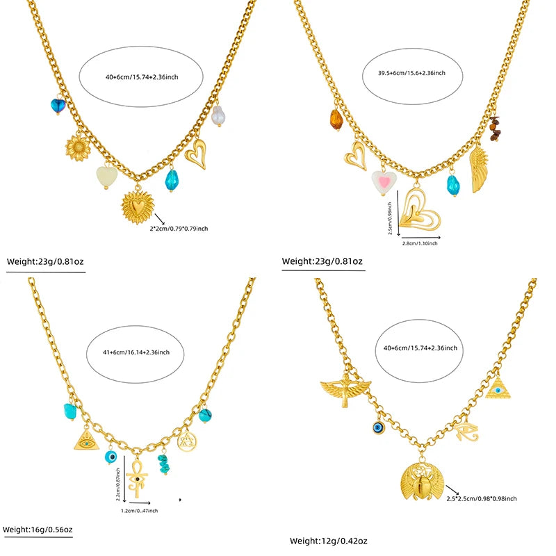 Gold-tone multi-pendant necklace on white background with blue, heart, and flower charms