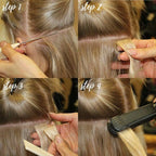 Tape-in hair extensions being applied to straight hair with blue adhesive strips