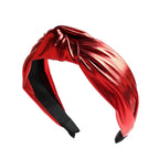 Wide PU leather headband in red with twisted knot top and elastic ends