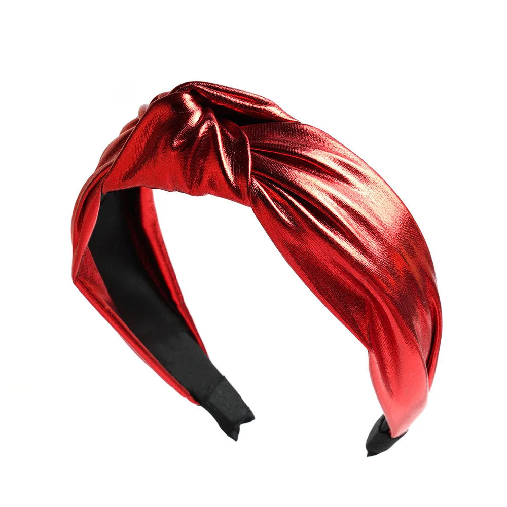 Wide PU leather headband in red with twisted knot top and elastic ends