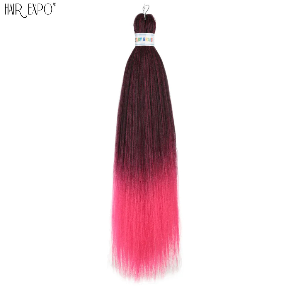 Synthetic braiding hair extension bundle, deep burgundy to bright pink ombre