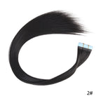 Synthetic straight tape-in hair extension strand with blue tape ends, color 2#