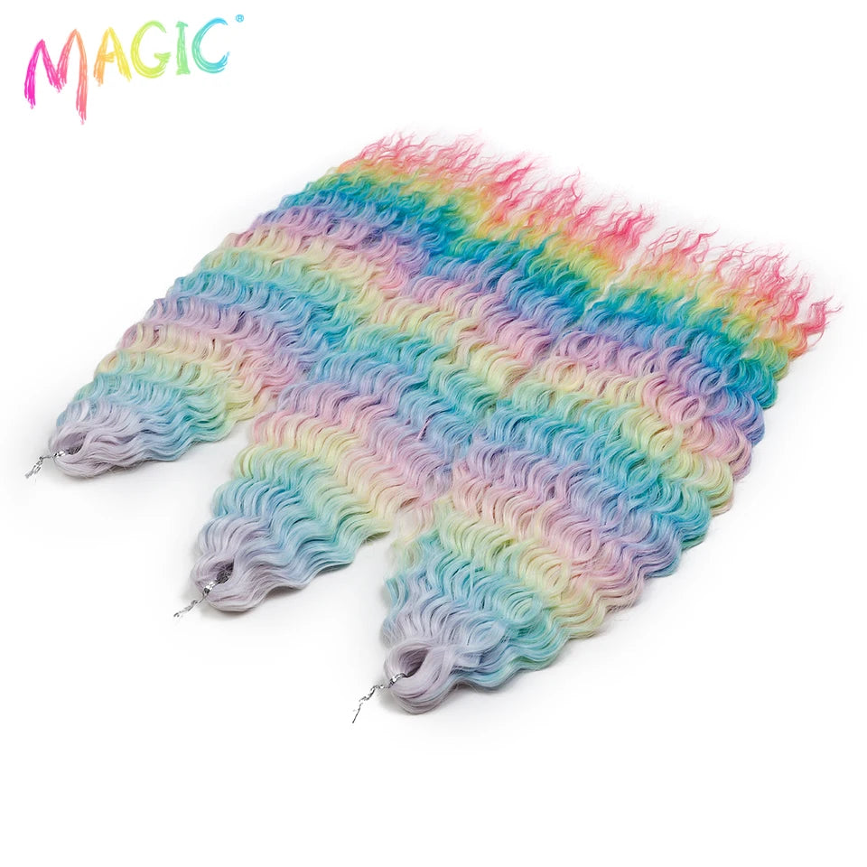 Water-wave crochet braids bundle with rainbow ombre in blue, green, and pink