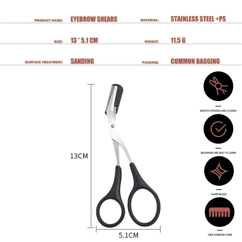 Eyebrow trimmer scissors with comb, black handle and comb attachment