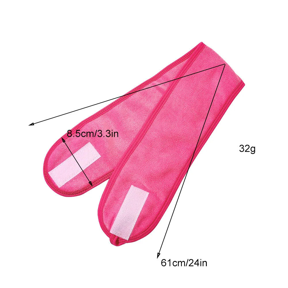 Pink yoga face wash headband with size markings: 8.5 cm wide and 61 cm long