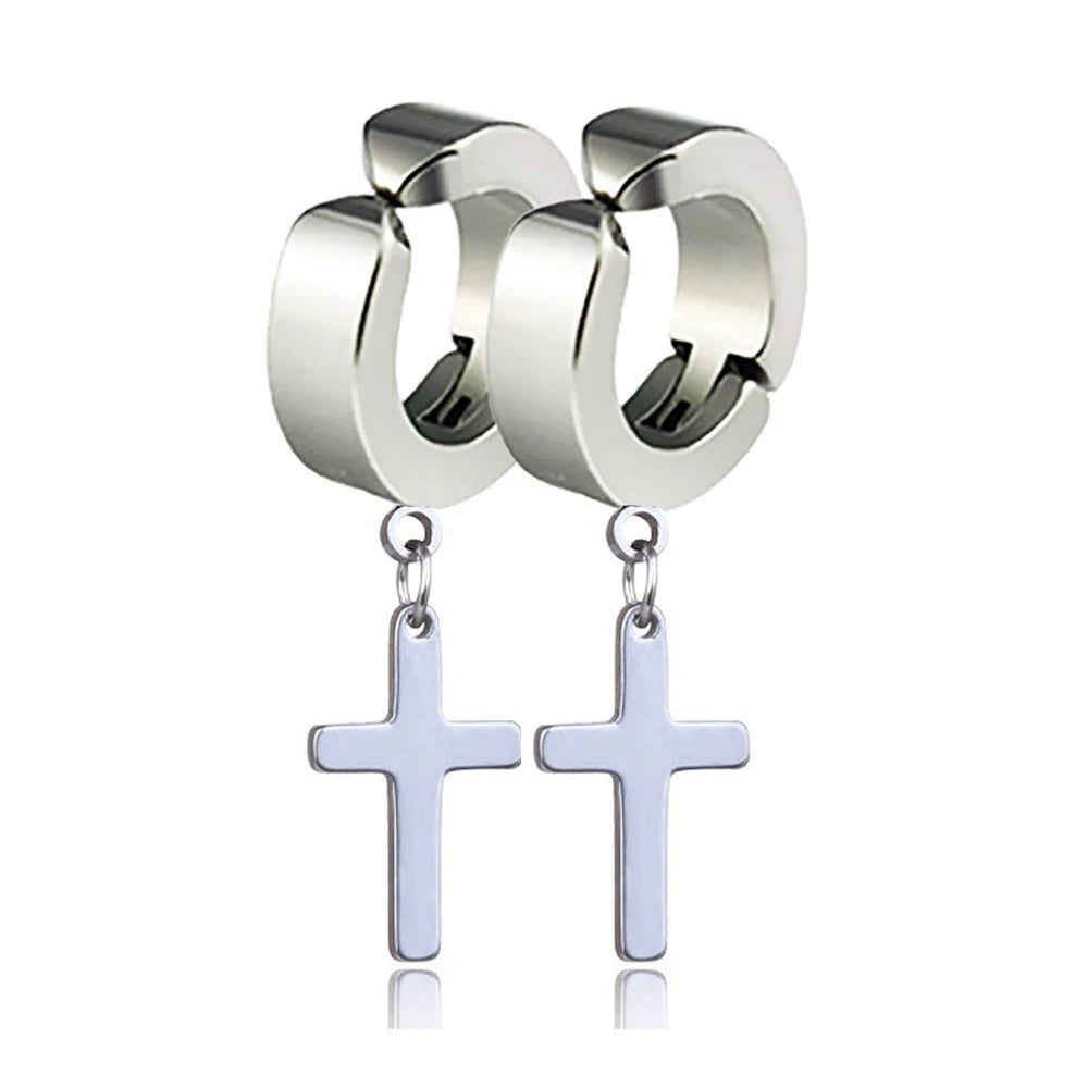 Silver hoop ear clips with dangling cross charms, set of two