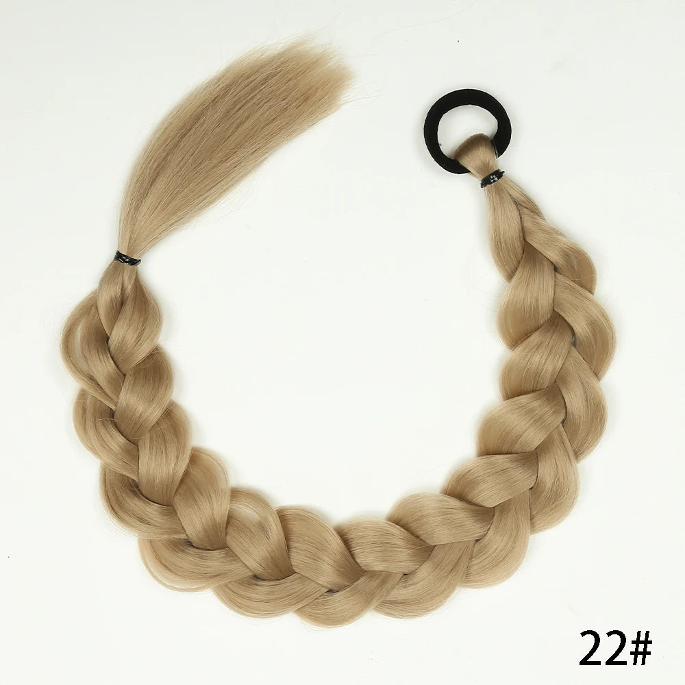 Honey blonde braided ponytail extension, synthetic twist with looped top tie.