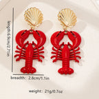 Red lobster charm drop earrings with gold scallop studs and lobster outline detail