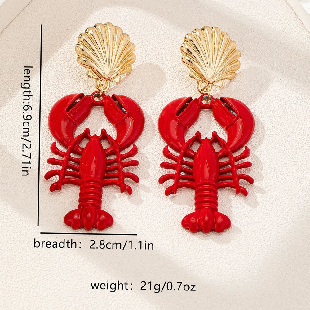Red lobster charm drop earrings with gold scallop studs and lobster outline detail