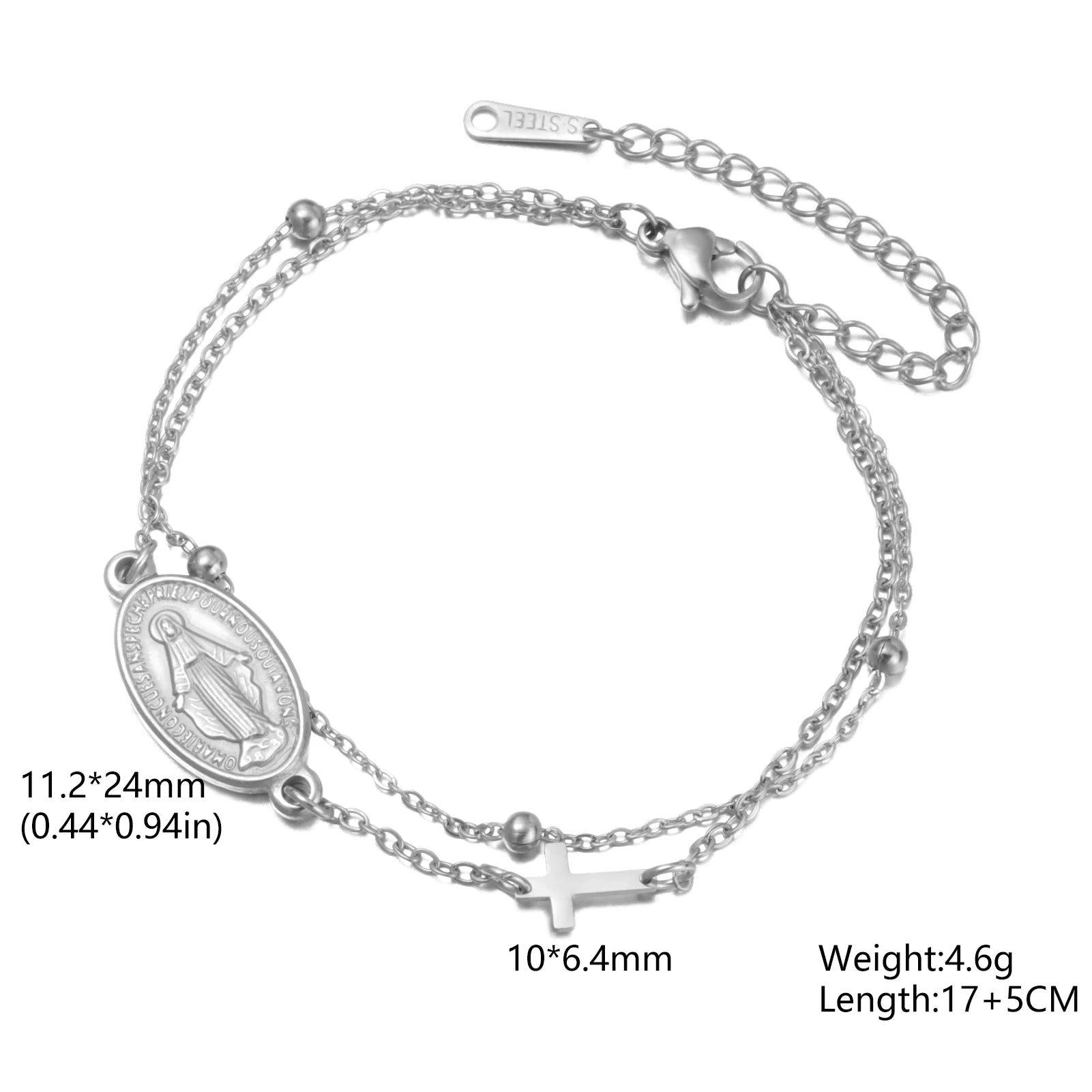 Silver-tone Virgin Mary bracelet with oval medal pendant and beaded link chain