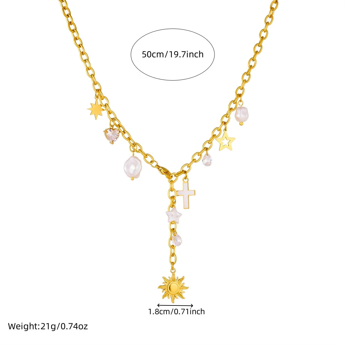 Gold-tone charm necklace with cross pendant, star charms, and pearl bead drops