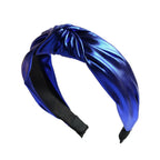 Wide PU leather headband in blue metallic with twisted knot top and elastic ends