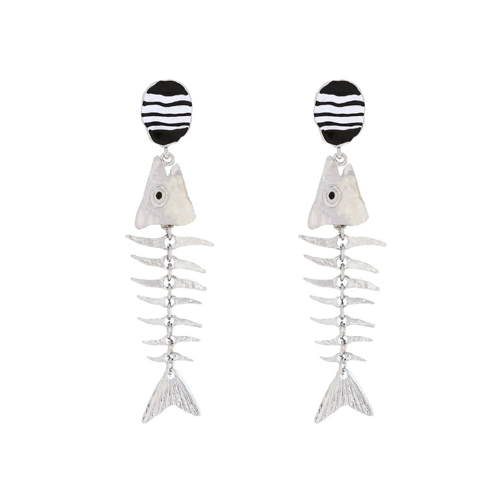 Silver-tone fishbone dangle earrings with black-and-white striped ovals and fish charms