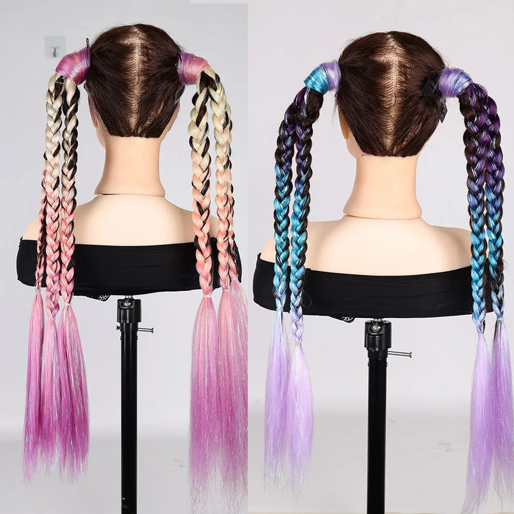 Ombre braid ponytail hair tinsel set with twin braids: pink and blue to purple strands