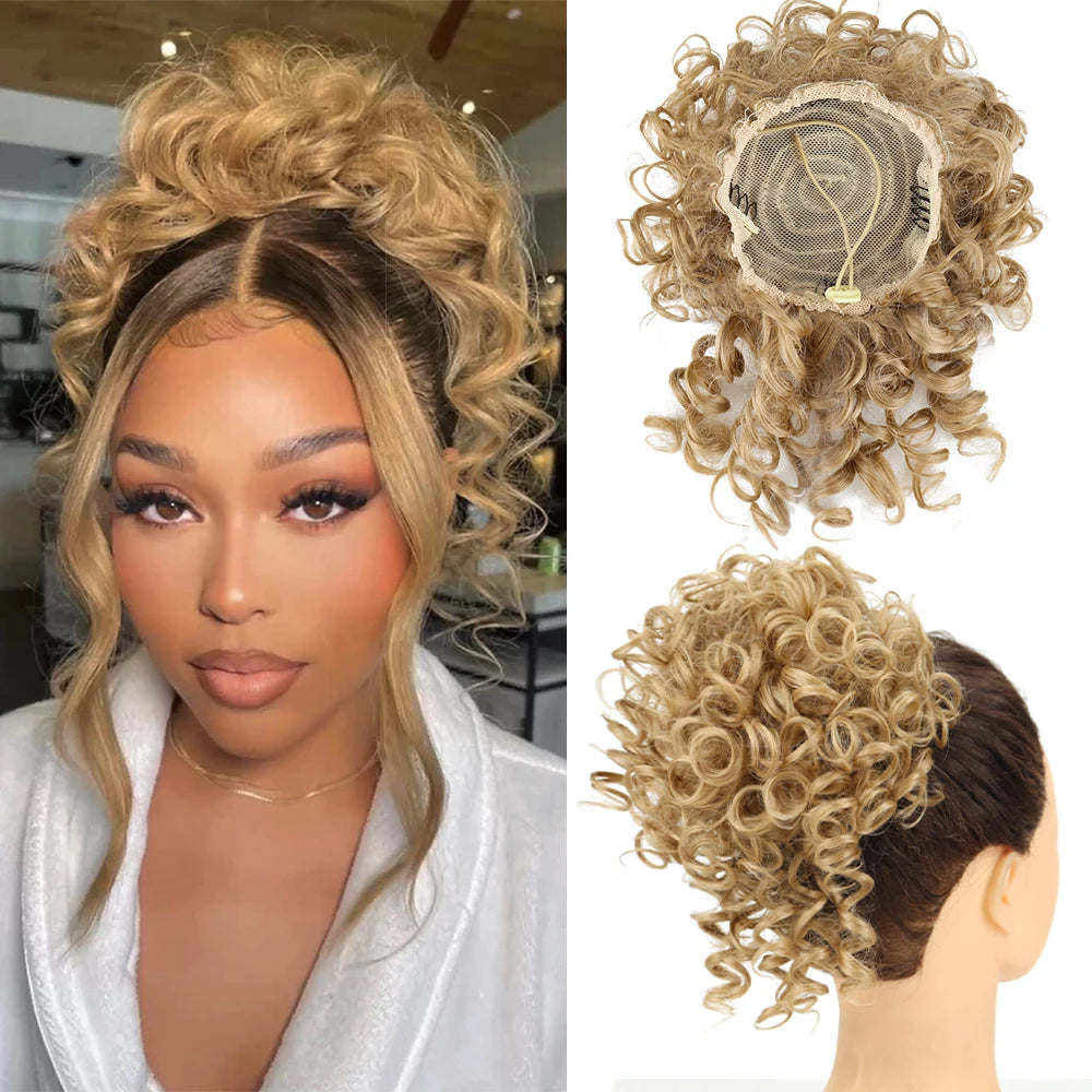 Drawstring messy bun hair piece, honey-blonde curly loose-wave bun with inner cap