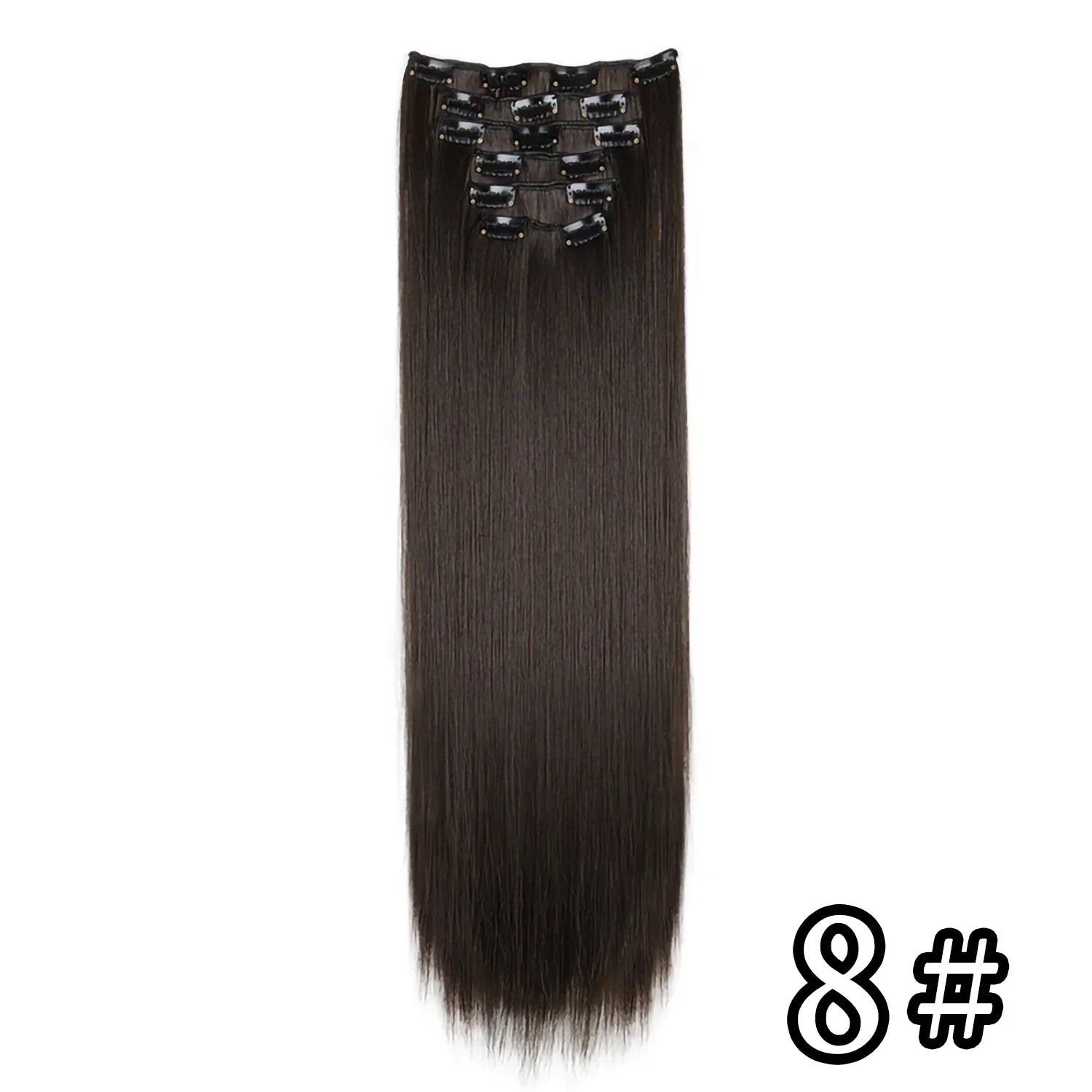 Straight synthetic hair extension, dark brown with black clip-in combs
