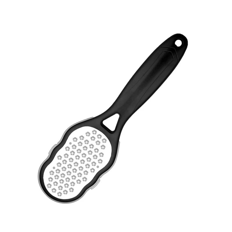 Double-sided foot file with black handle and white perforated stainless-steel head