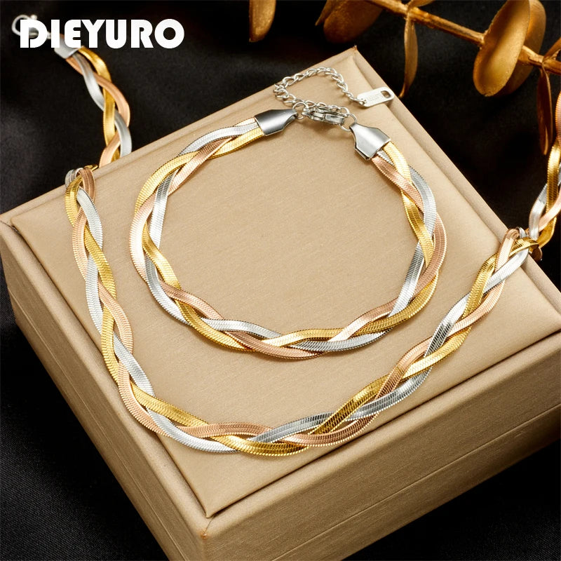 Two-tone snake-chain necklace and bracelet set, gold and silver twisted links with clasps
