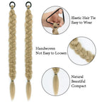 Two braided ponytail extension strands with elastic hair ties in honey blonde