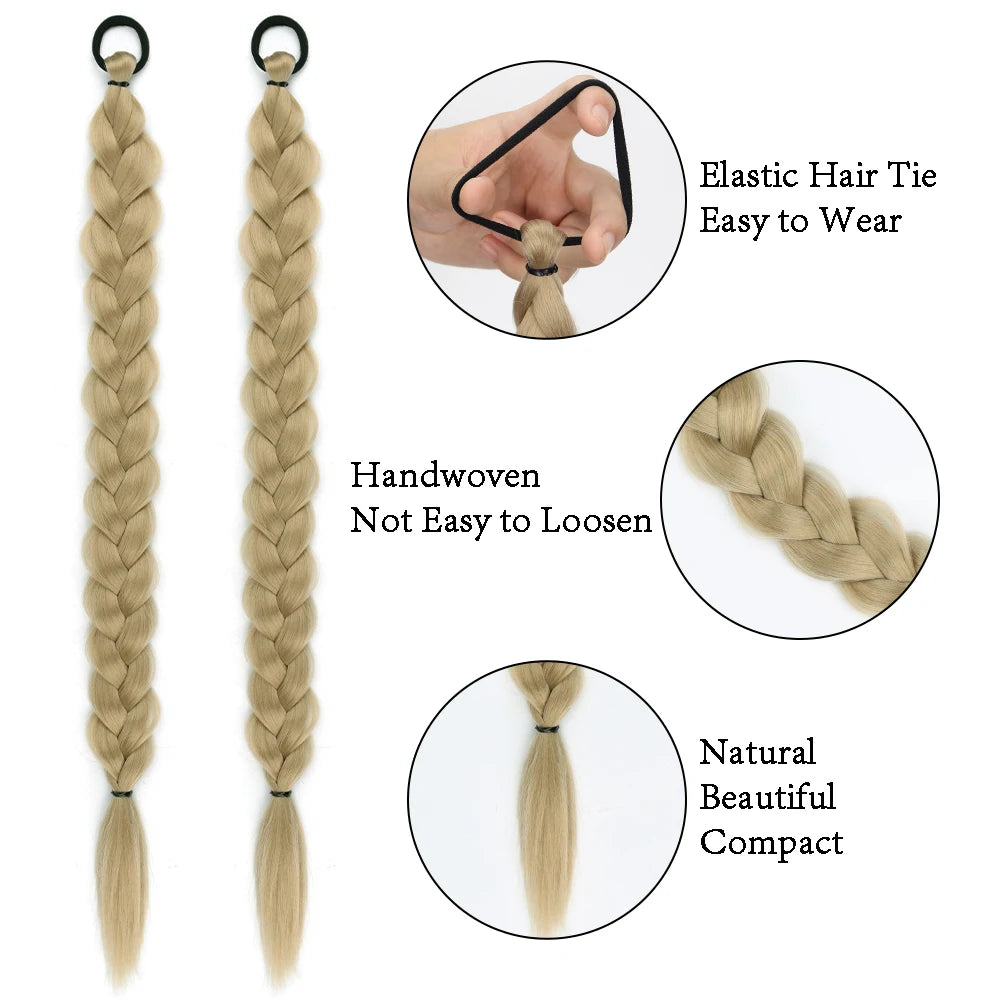 Two braided ponytail extension strands with elastic hair ties in honey blonde