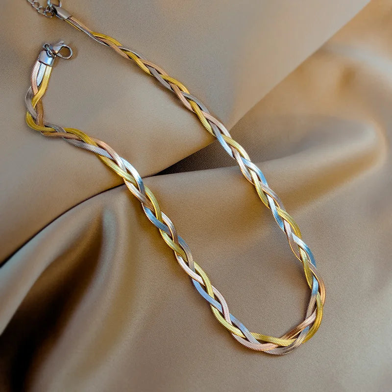 Two-tone snake-chain necklace and bracelet set, gold and silver braided oval links