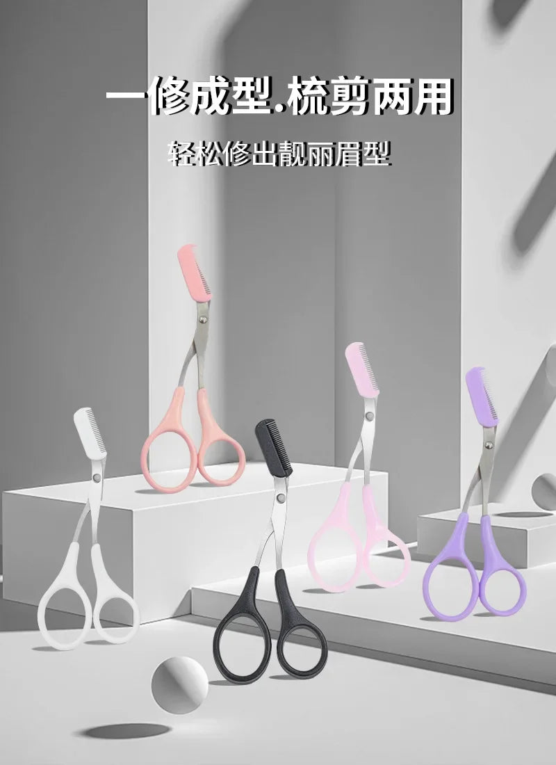 Assorted eyebrow scissors with comb in black, pink, and white colors