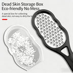 Double-sided foot file with perforated metal blade and dead-skin storage case