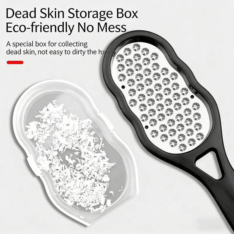 Double-sided foot file with perforated metal blade and dead-skin storage case