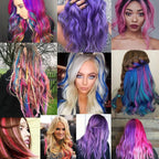 Clip-in hair highlight strands on models, showing multi-color synthetic extensions