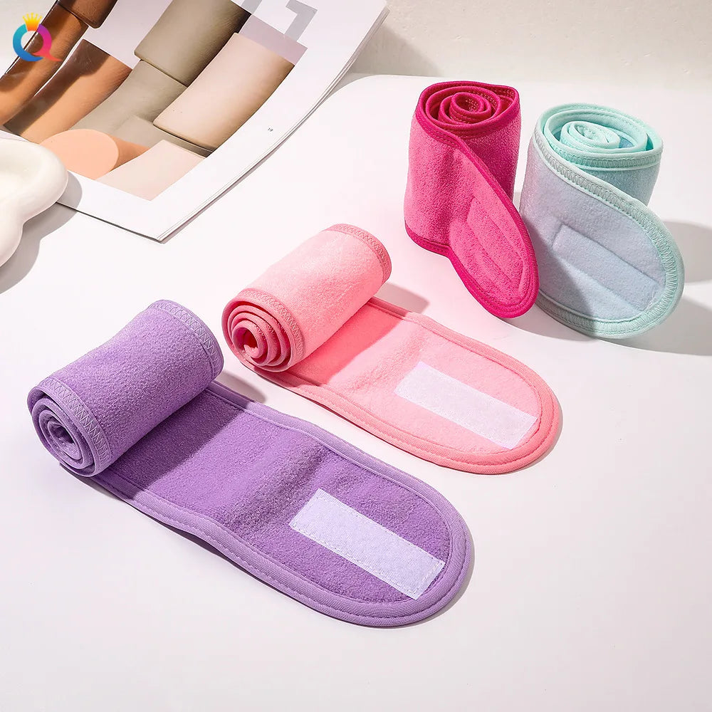 Face wash headbands, pink, mint, and purple with white label