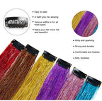 Hair tinsel extension set of five strands with black clip fasteners in red, gold, purple, and blue