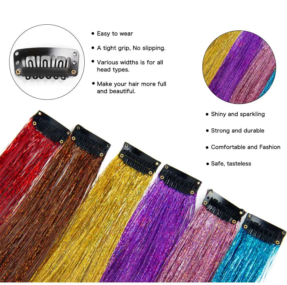 Hair tinsel extension set of five strands with black clip fasteners in red, gold, purple, and blue