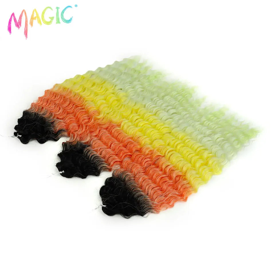 Synthetic crochet braids hairpiece, wavy ombre orange to lime green with black roots