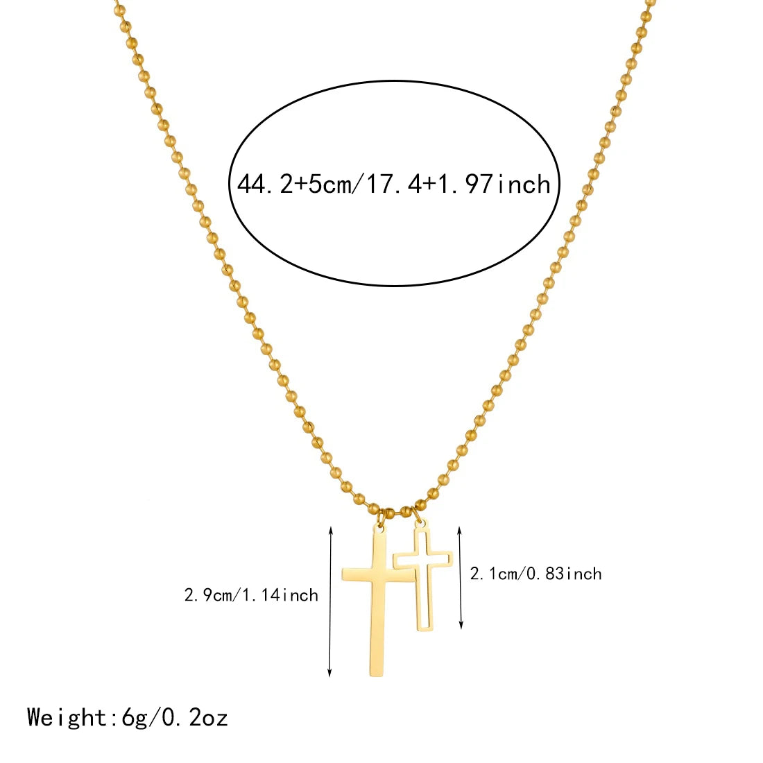 Gold cross pendant necklace with two cross charms on a ball-bead chain