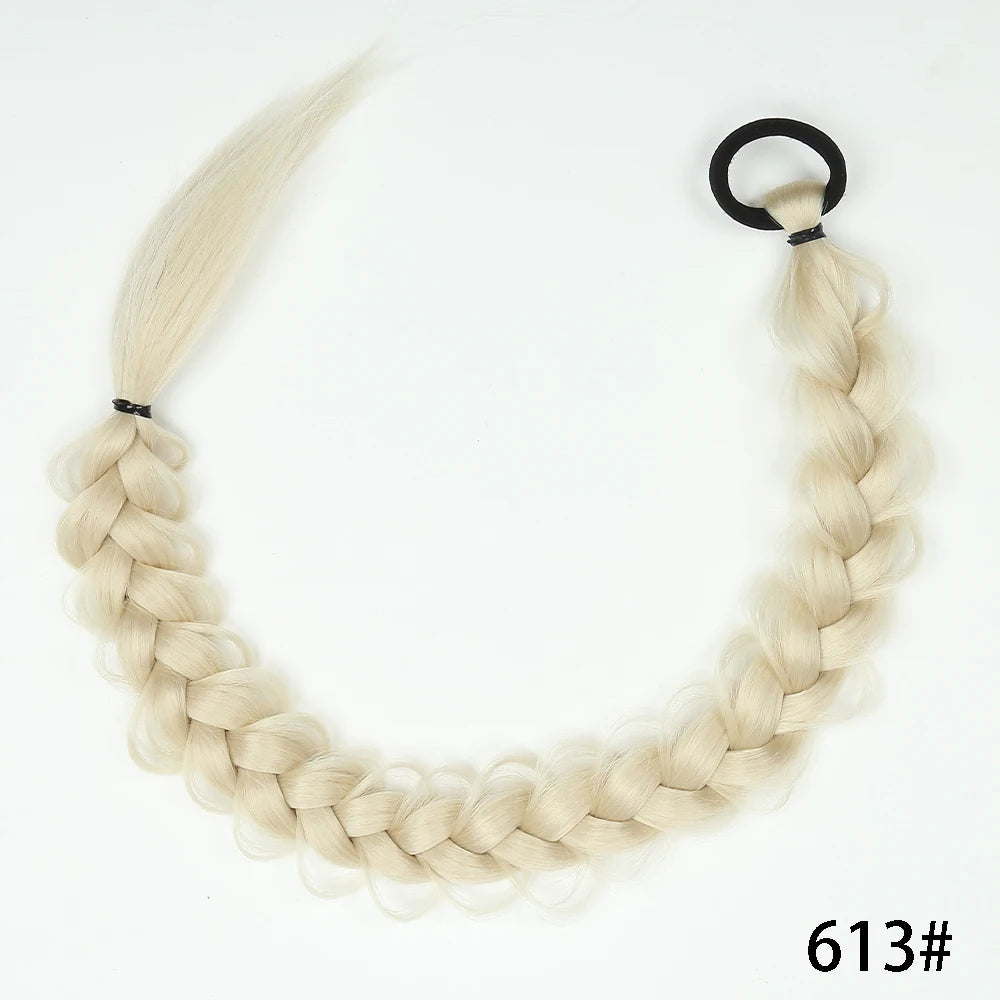Blonde braided ponytail extension, synthetic twist with looped top tie.
