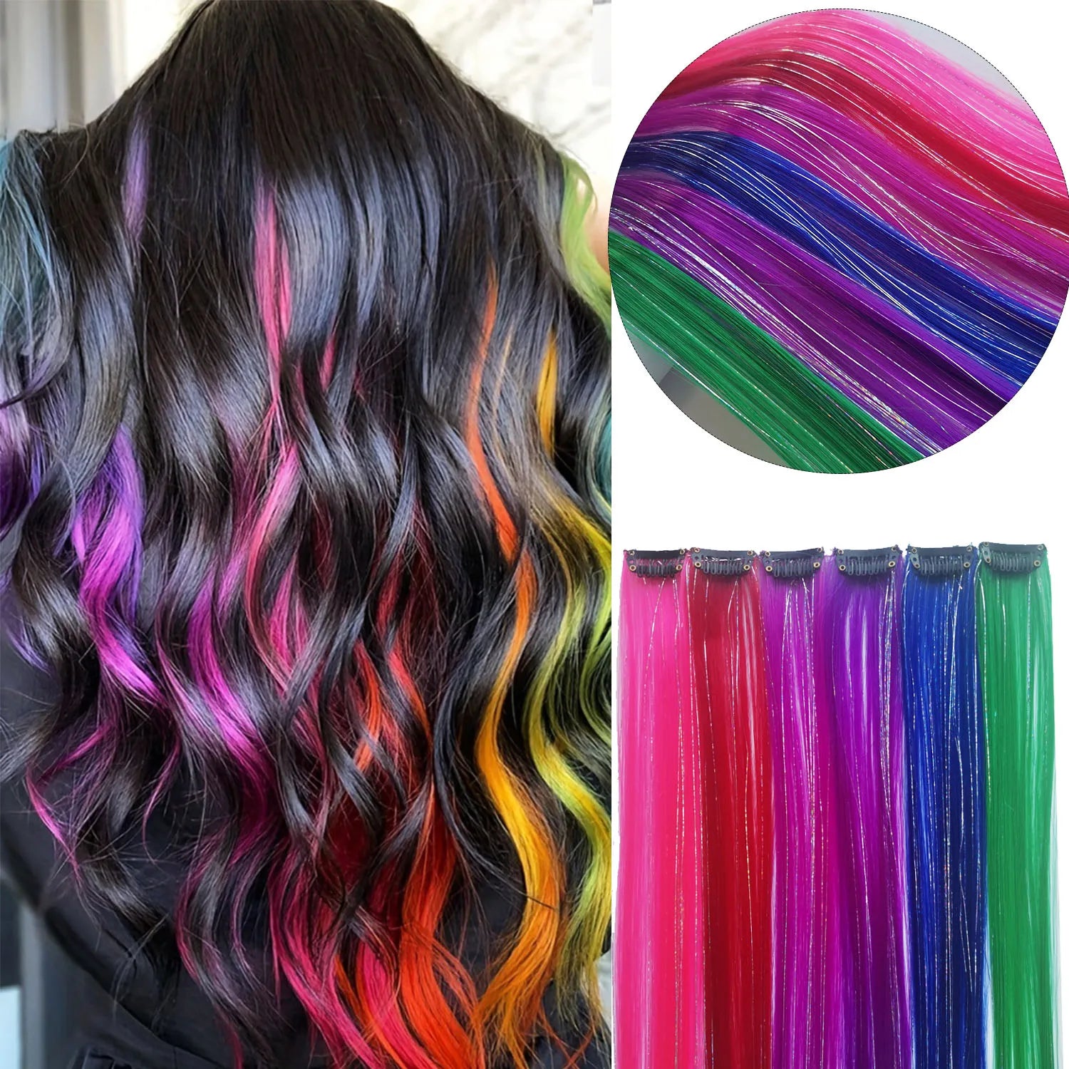 Rainbow clip-in hair tinsel extensions on dark hair with neon pink, purple, orange, and green strands