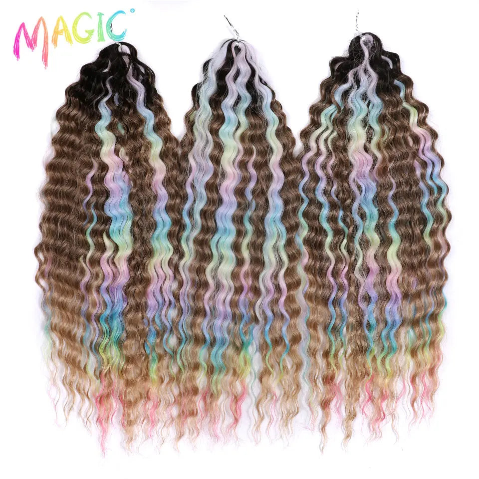 Synthetic ombre curl crochet braids, wavy texture with multicolor streaks of blue and pink