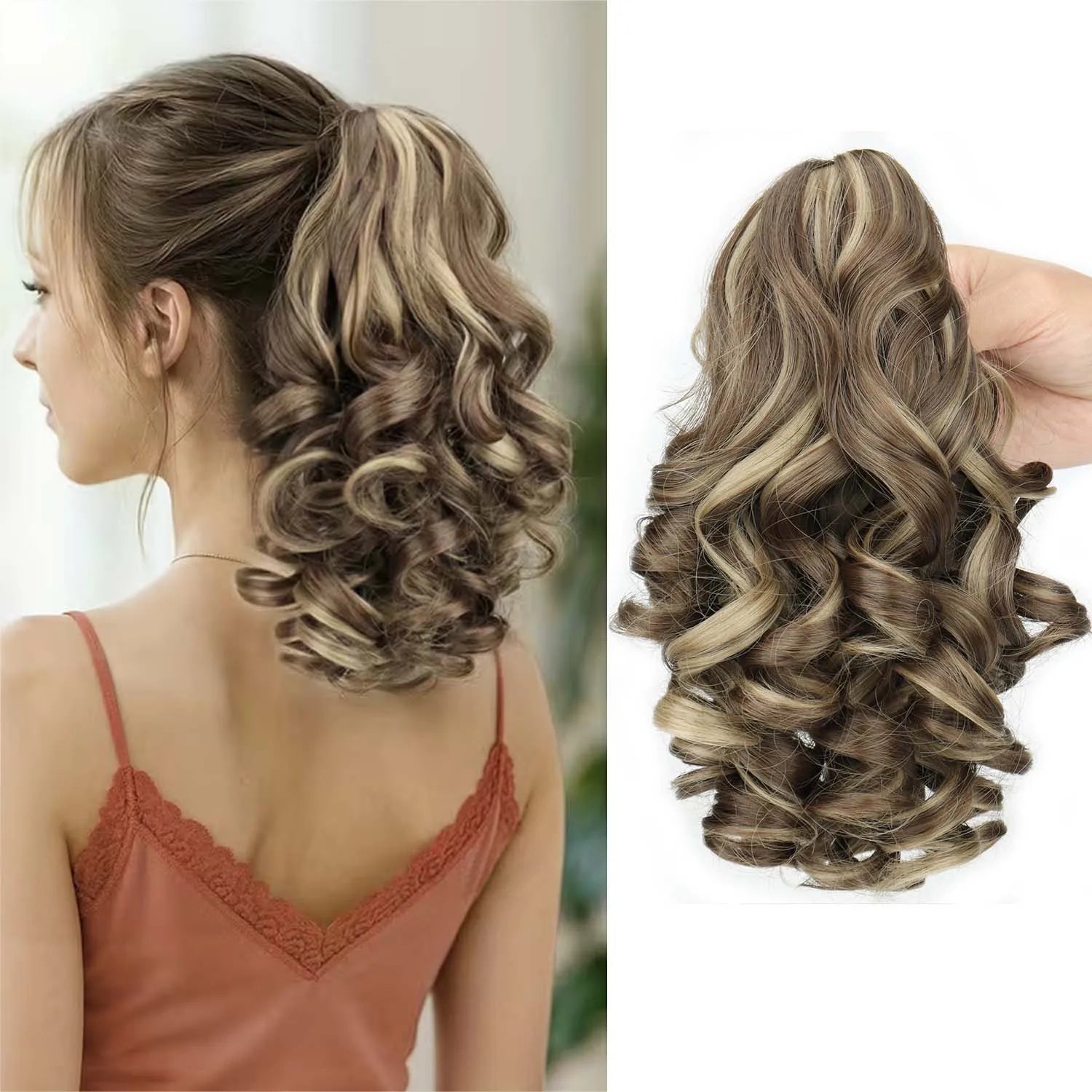 Claw clip ponytail extension with wavy synthetic hair, dark brown with blonde streaks