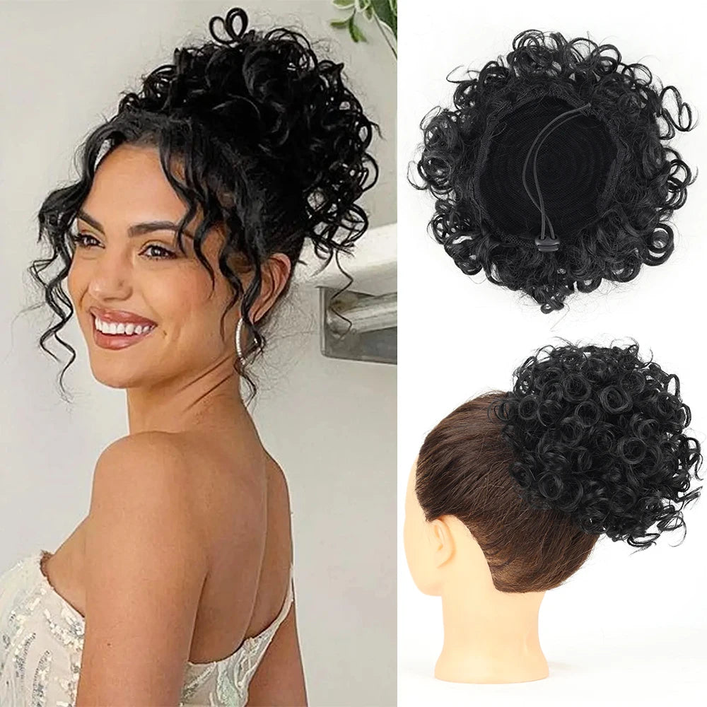 Drawstring messy bun hair piece, dark curly loose-wave bun with inner net