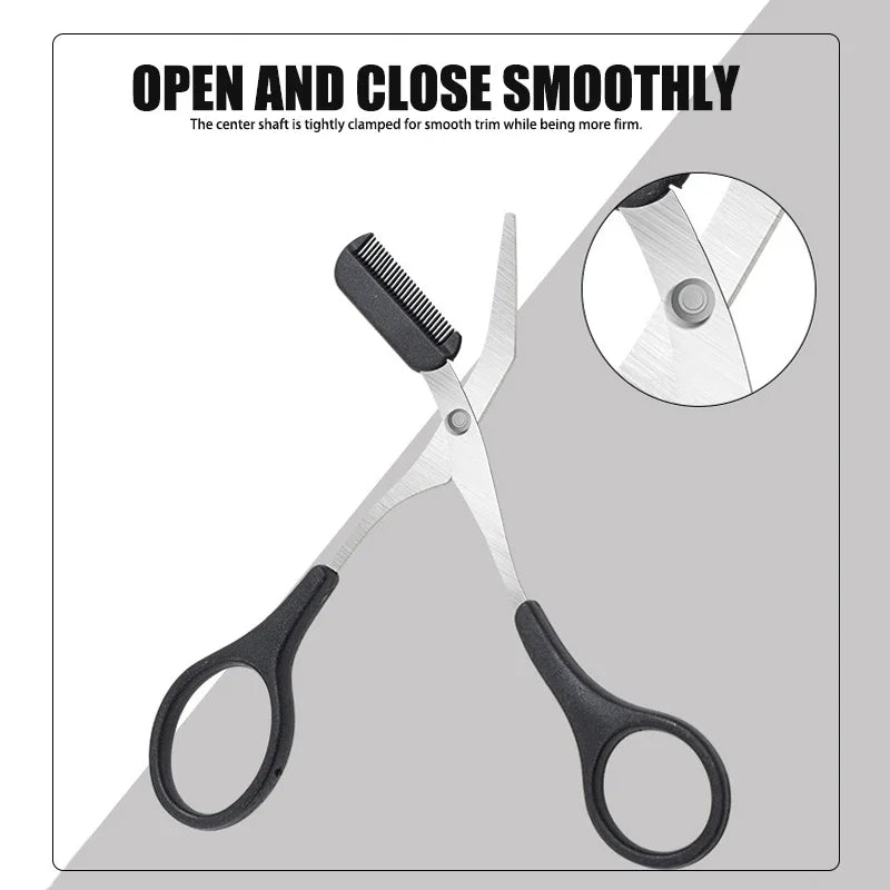 Eyebrow scissors with comb, black comb head and silver trimming blades